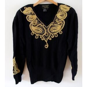 Vintage 80s Black Maximalist Gold Embroidered Statement Sweater XL Glam Party